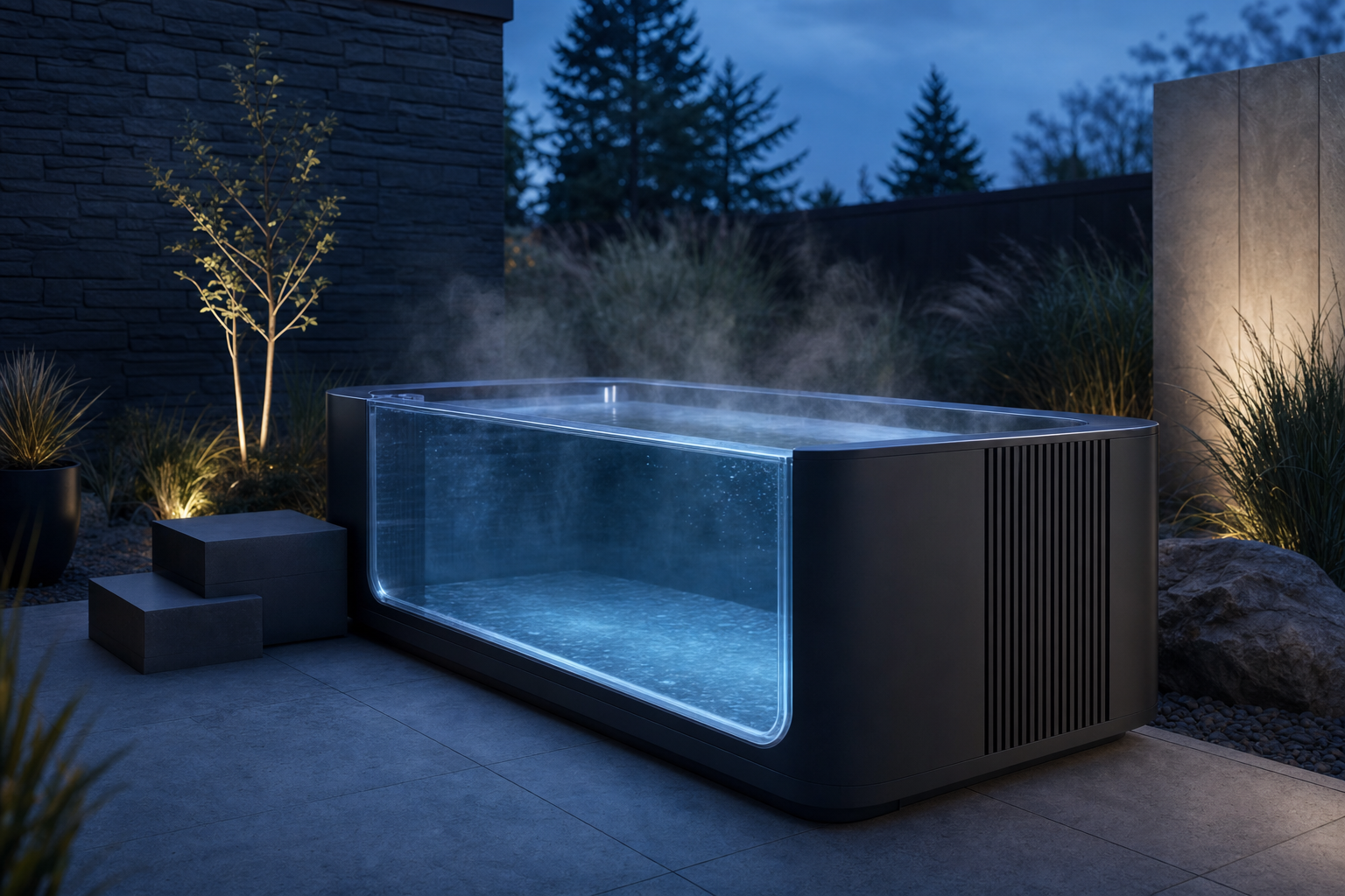 Modern acrylic cold plunge tub on a stone patio at dusk