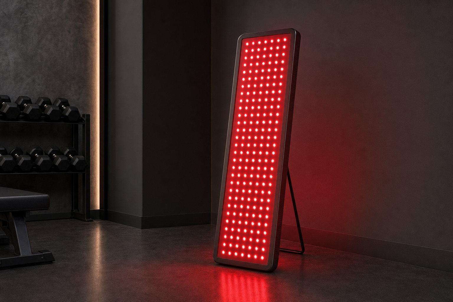 Red light therapy panel glowing in a minimalist home gym corner