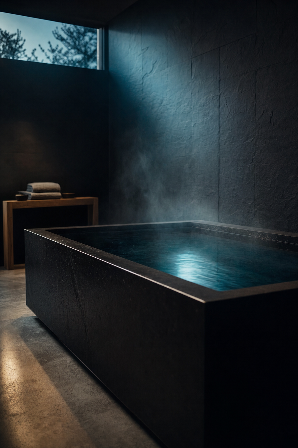 A dark stone home cold plunge tub in a minimal charcoal-toned wellness room, steam rising off still water